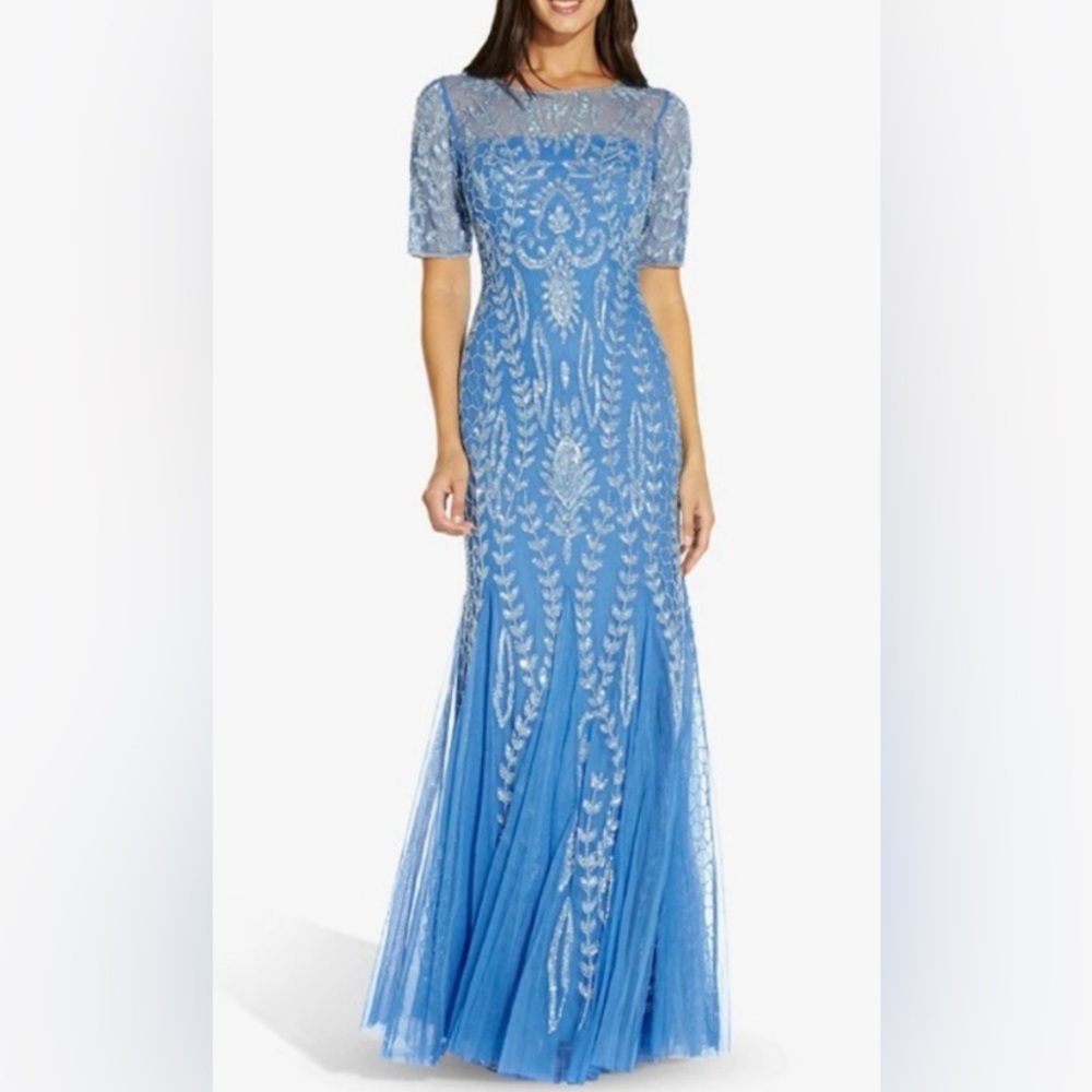 Blue beaded Adrianna Papell prom dress